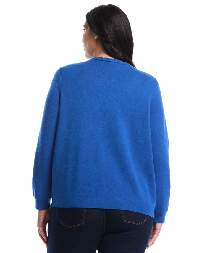 Plus Size Cable Knit Trim Cardigan (Nautical Blue)