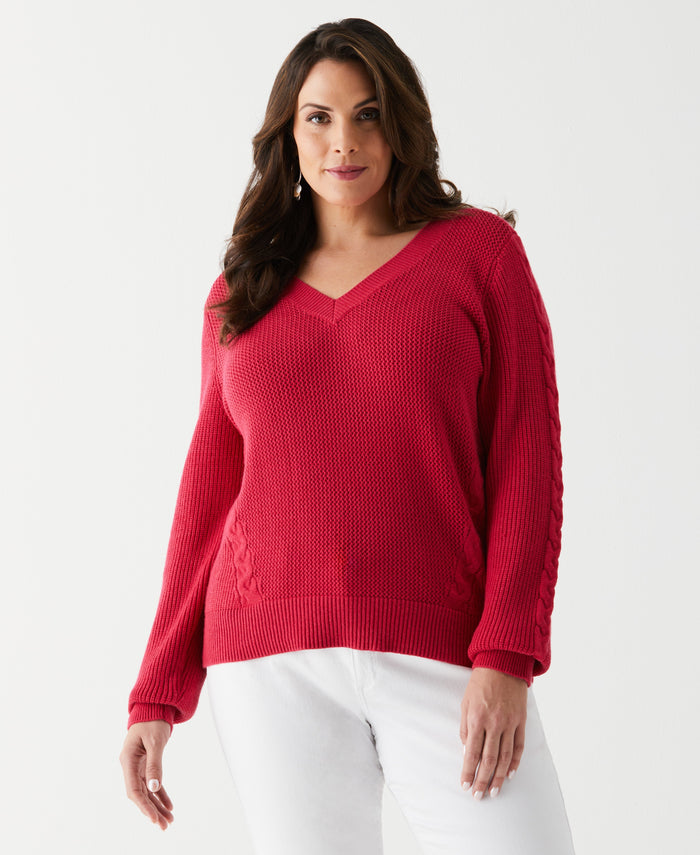 Plus Size Cable Knit V-Neck Sweater (Jazzy)