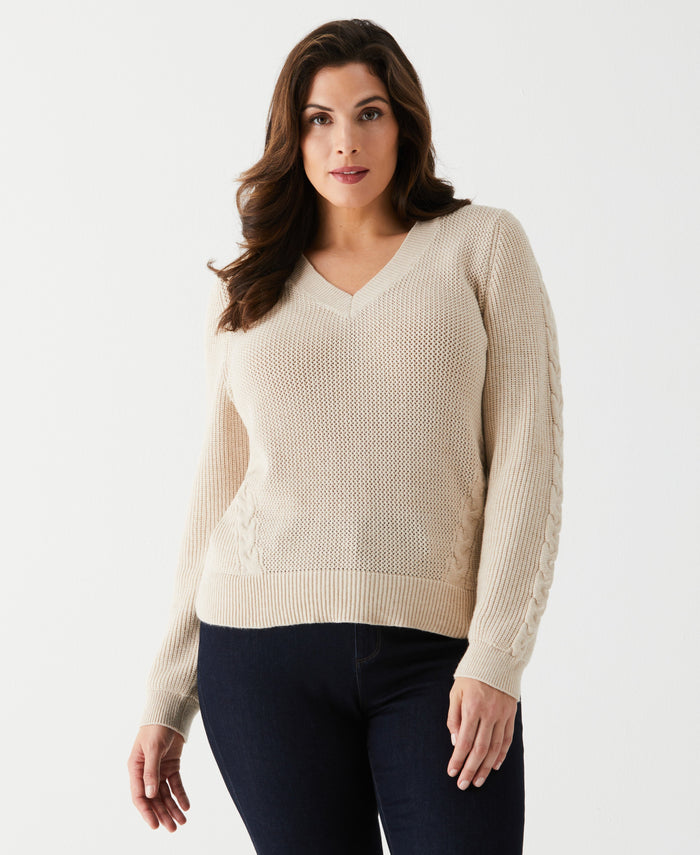 Plus Size Cable Knit V-Neck Sweater (Wheat Heather)