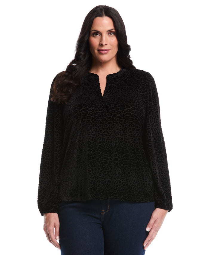 Plus Size Cheetah Print Split Neck Popover Blouse (Black)