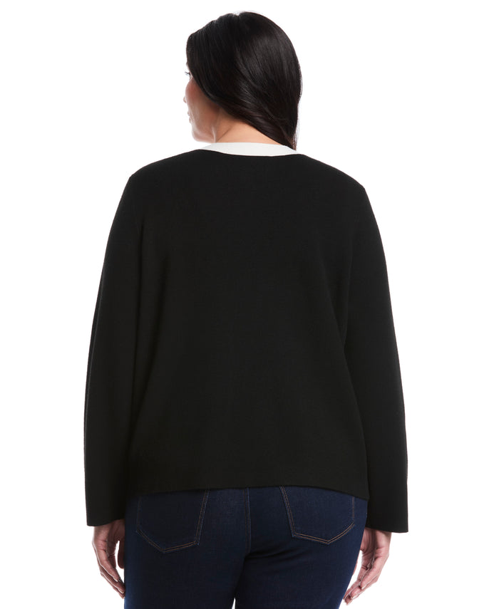 Plus Size Contrast Placket Button-Up Cardigan (Black)