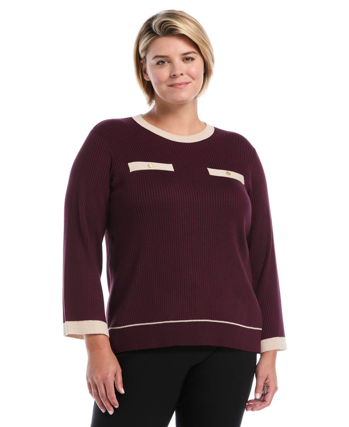 Plus Size Contrast Trim Sweater (Winetasting)