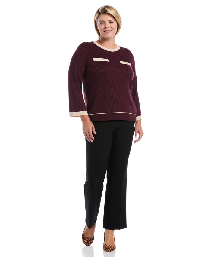 Plus Size Contrast Trim Sweater (Winetasting)