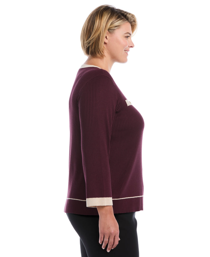 Plus Size Contrast Trim Sweater (Winetasting)