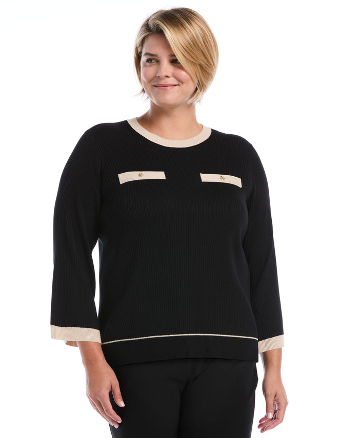 Plus Size Contrast Trim Sweater (Black)