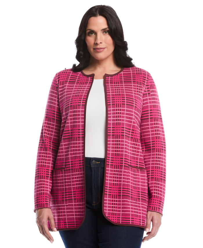 Plus Size Crosshatch Patch Pocket Open Cardigan (Beetroot Purple)
