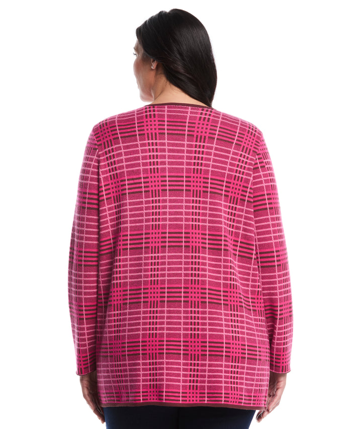 Plus Size Crosshatch Patch Pocket Open Cardigan (Beetroot Purple)