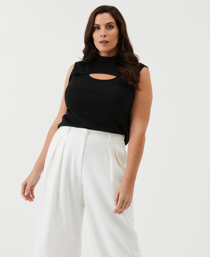 Plus Size Cutout Ribbed Tank Top (Black)