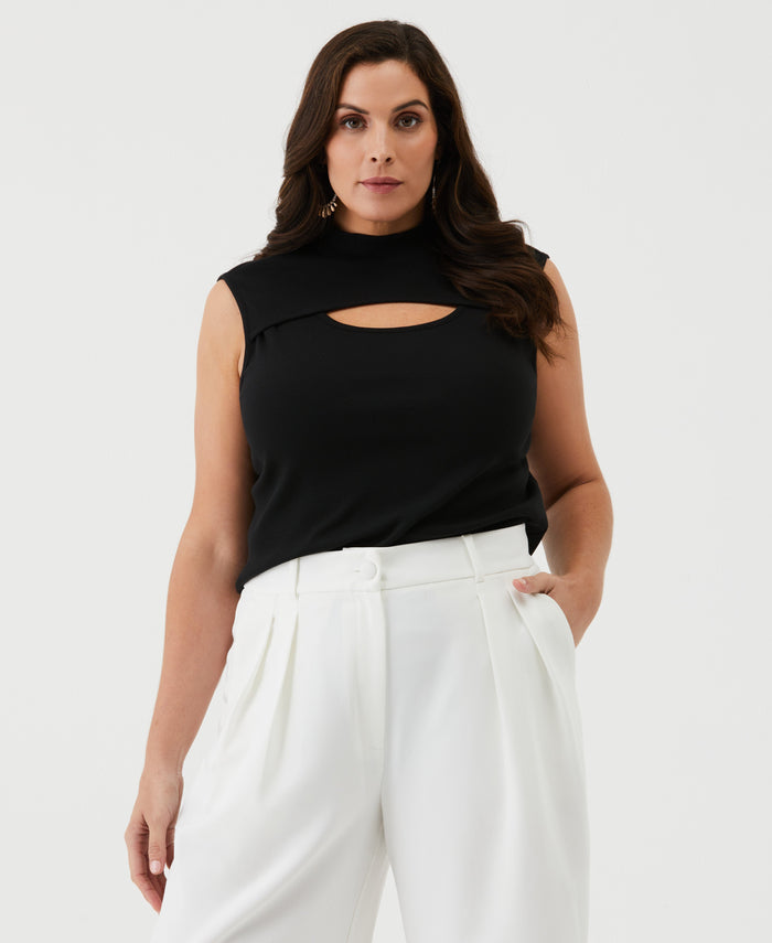 Plus Size Cutout Ribbed Tank Top (Black)