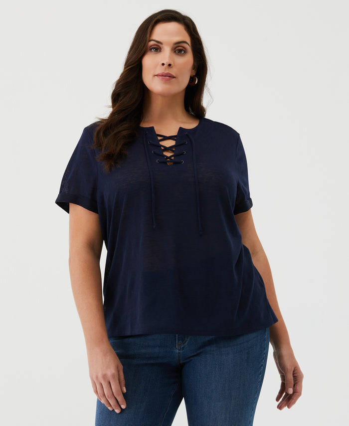 Plus Size Eco Floral Print Lace-Up Tee (Peacoat)
