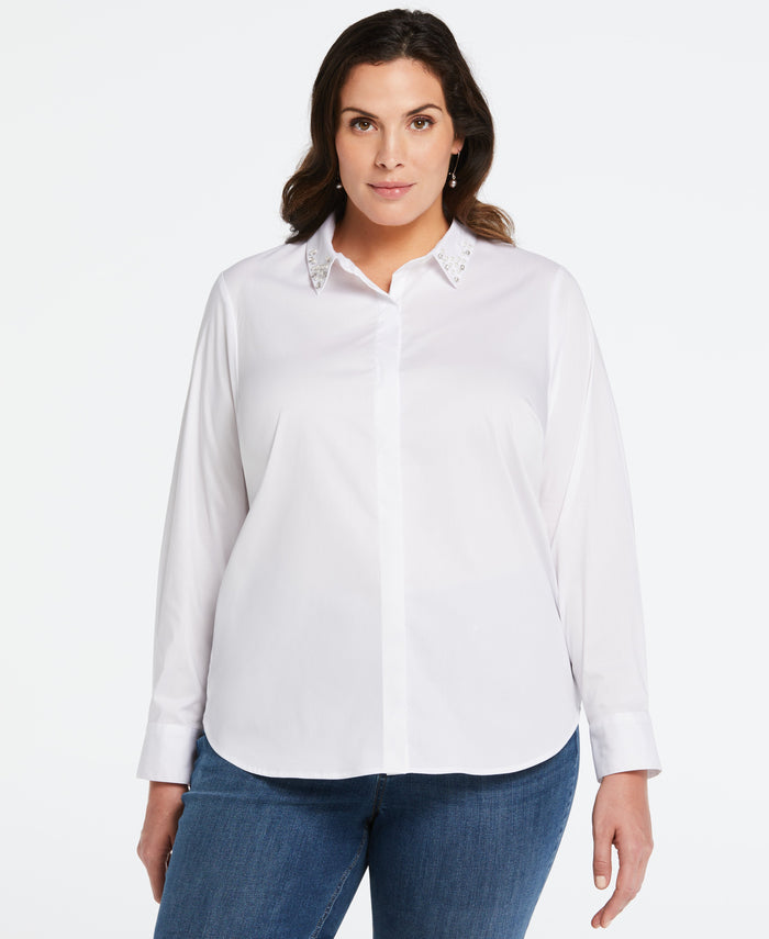 Plus Size Ruched Sleeve Embellished Collar Blouse (White)