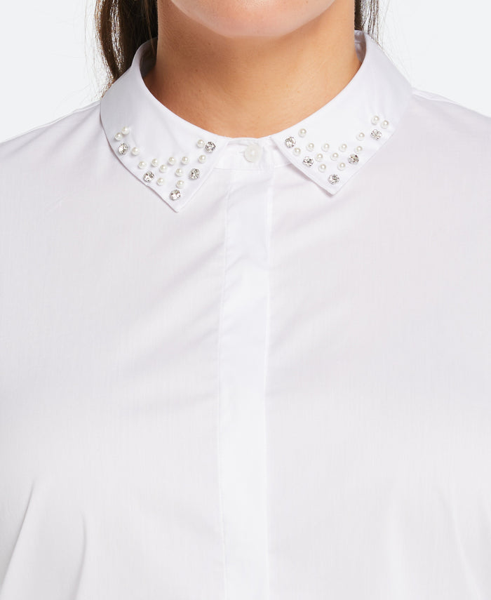 Plus Size Ruched Sleeve Embellished Collar Blouse (White)