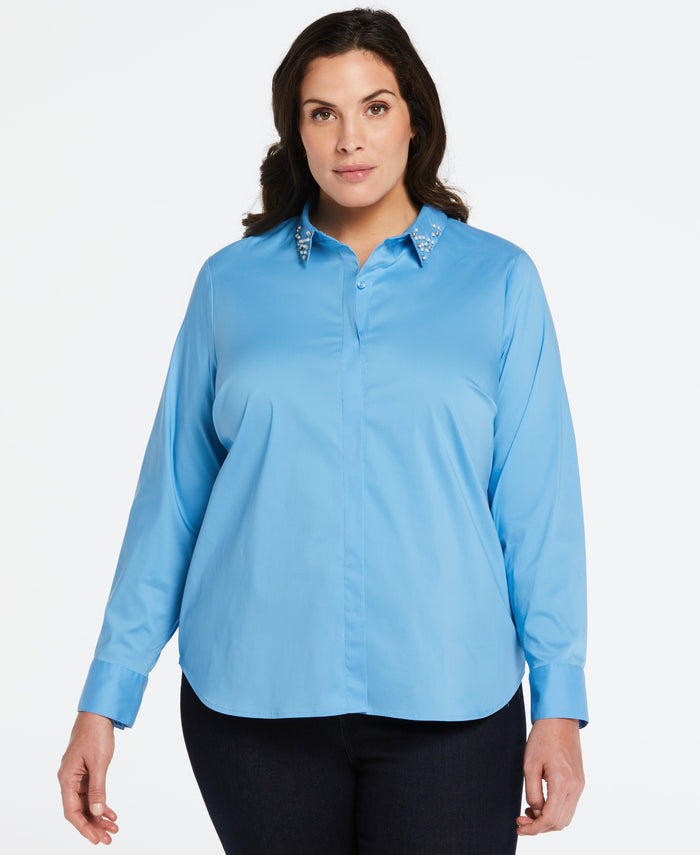 Plus Size Ruched Sleeve Embellished Collar Blouse (Azure Blue)