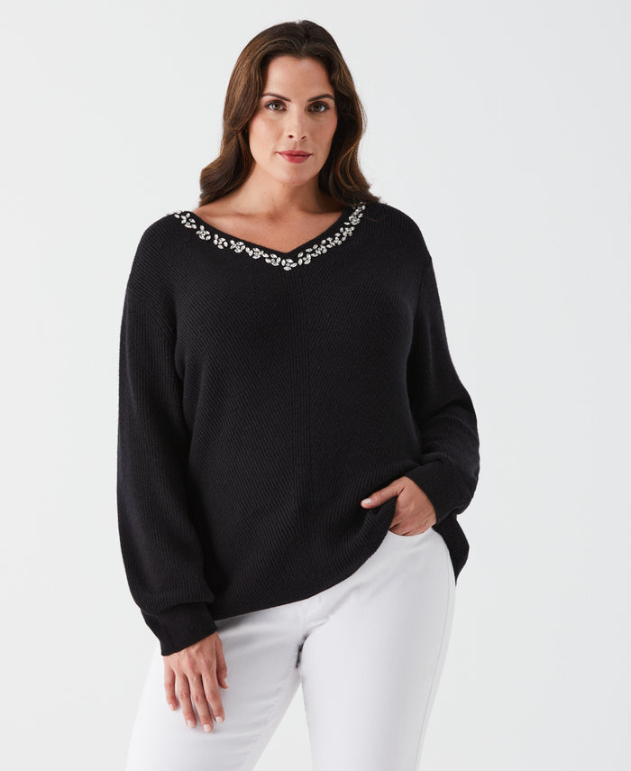 Plus Size Embellished V-Neck Sweater (Black)