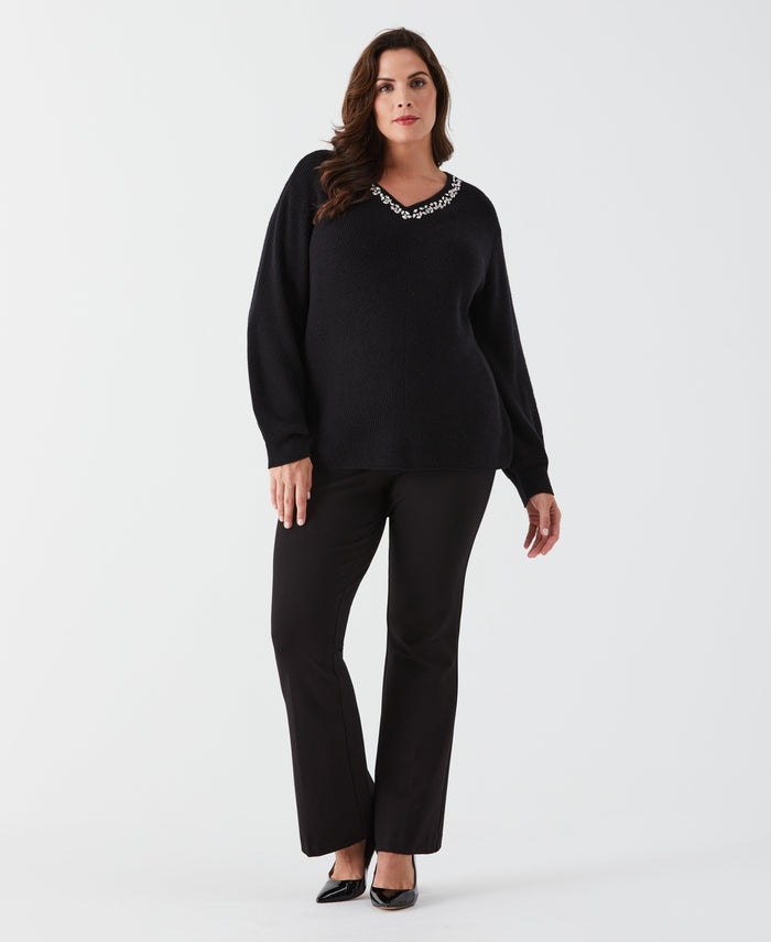 Plus Size Embellished V-Neck Sweater (Black)