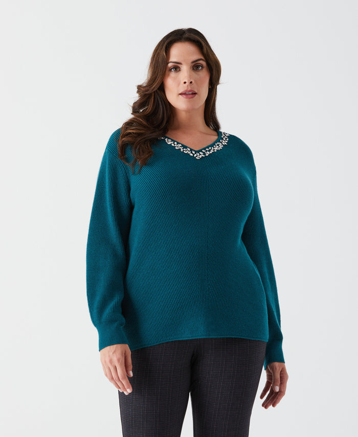 Plus Size Embellished V-Neck Sweater (Shaded Spruce)