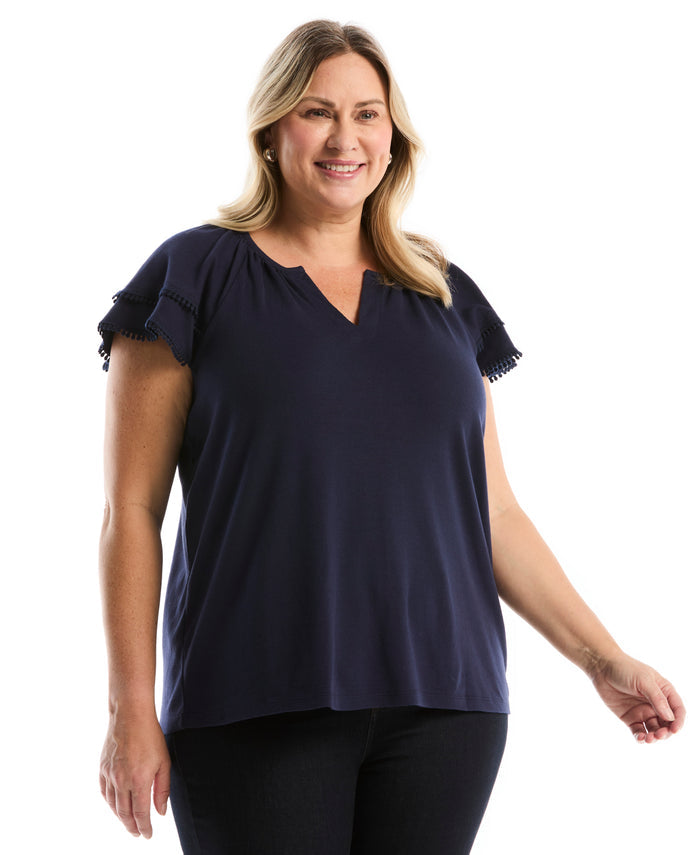 Plus Size Eyelet Flutter Sleeve Split Neck Top (Peacoat)