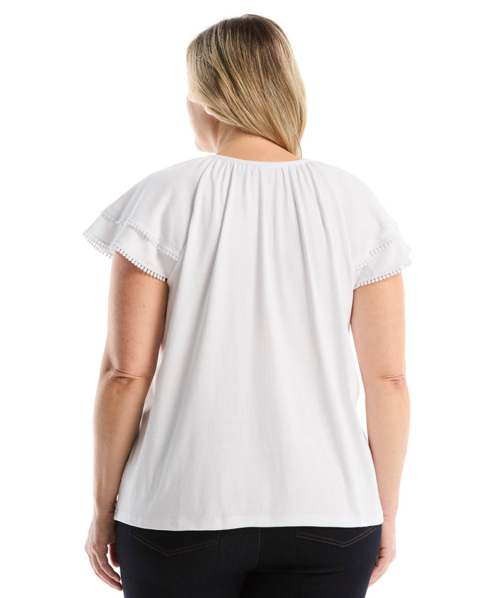 Plus Size Eyelet Flutter Sleeve Split Neck Top (White)