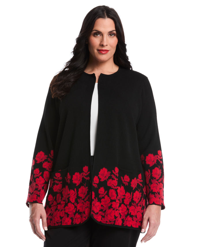 Plus Size Floral Print Patch Pocket Open Cardigan (Black)
