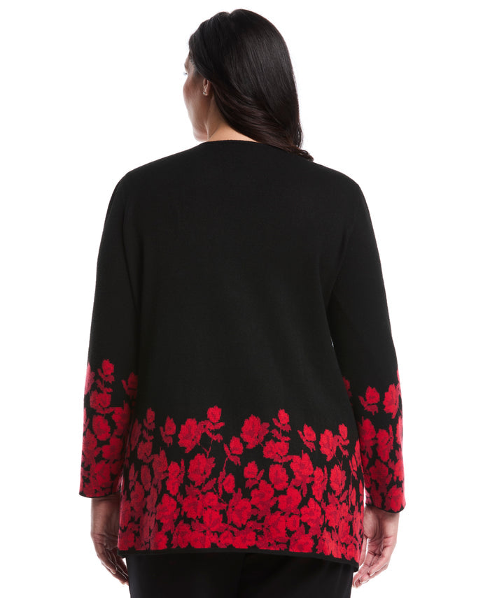 Plus Size Floral Print Patch Pocket Open Cardigan (Black)