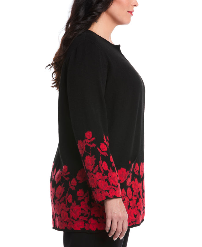 Plus Size Floral Print Patch Pocket Open Cardigan (Black)