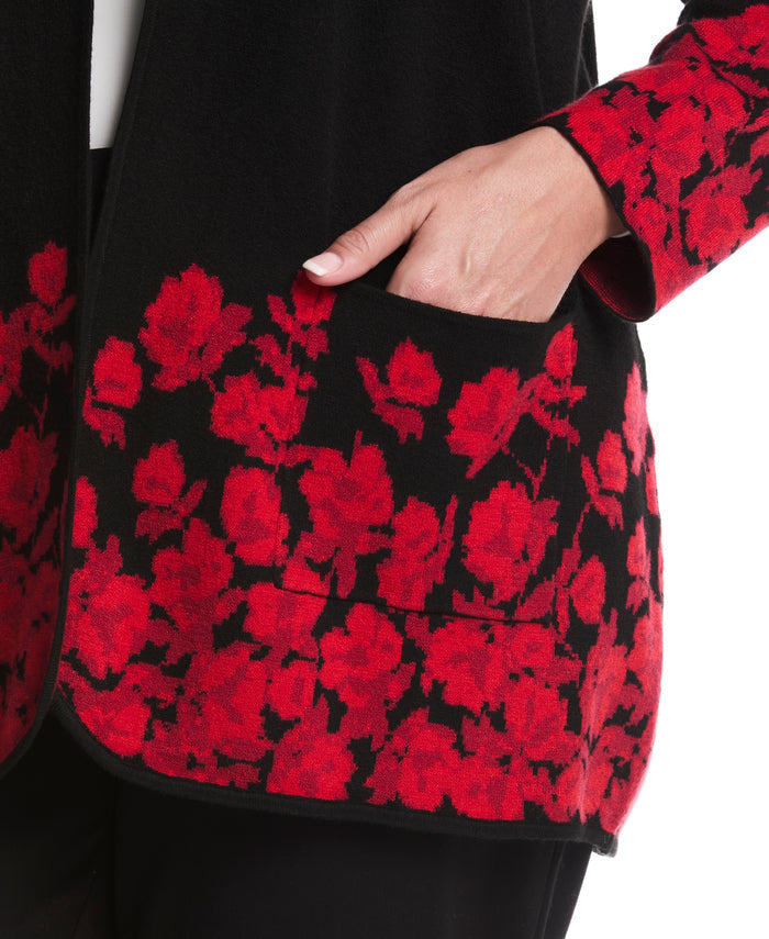 Plus Size Floral Print Patch Pocket Open Cardigan (Black)