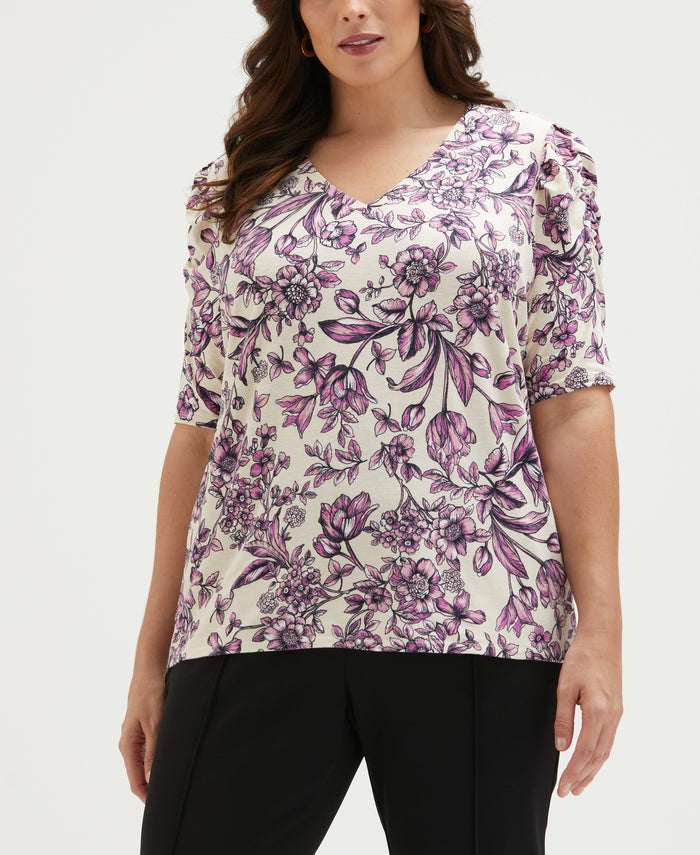 Plus Size Floral Print Puff Elbow Sleeve Top (White Swan)