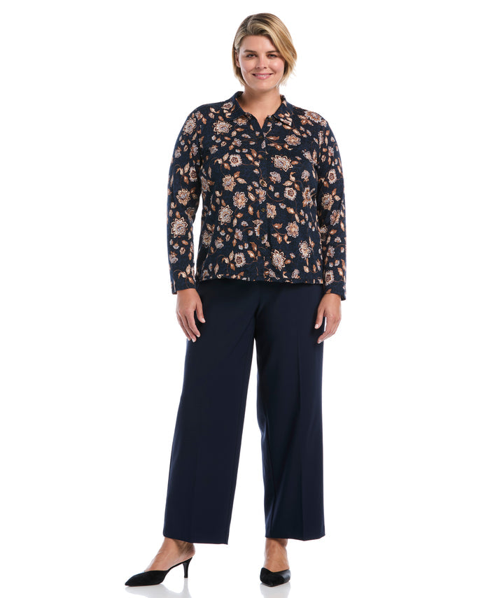 Plus Size Floral Print Ruffle Trim Button-Up Top (Blue Blizzard)