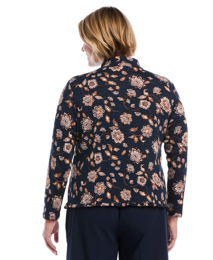 Plus Size Floral Print Ruffle Trim Button-Up Top (Blue Blizzard)