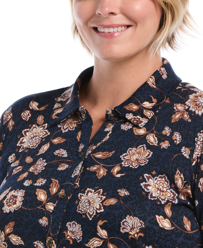 Plus Size Floral Print Ruffle Trim Button-Up Top (Blue Blizzard)
