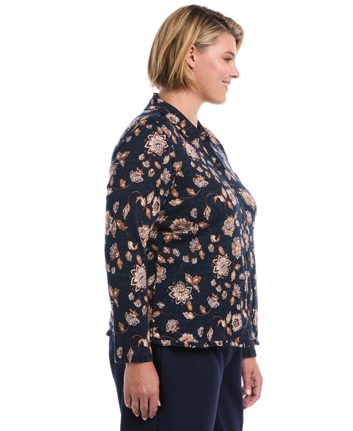 Plus Size Floral Print Ruffle Trim Button-Up Top (Blue Blizzard)