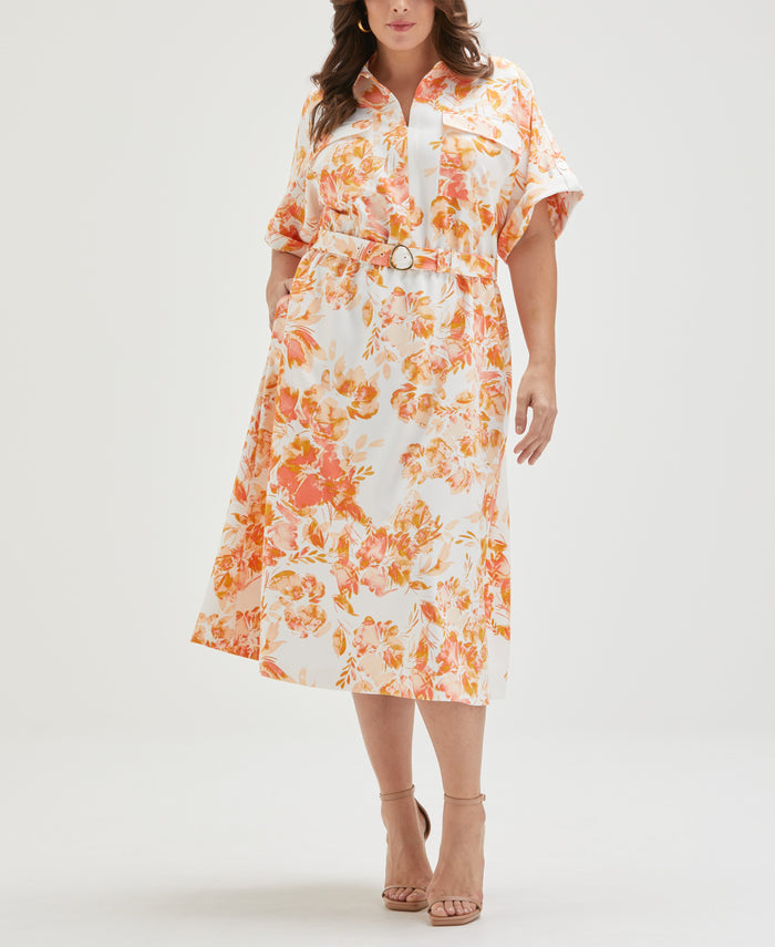Plus Size Floral Print Utility Shirt Dress (Coral)