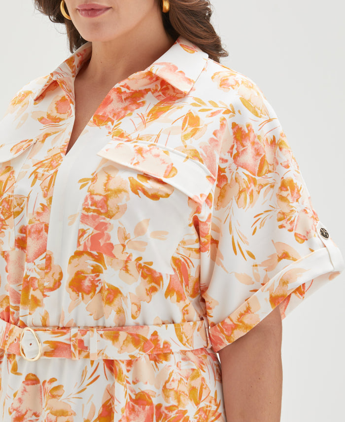 Plus Size Floral Print Utility Shirt Dress (Coral)