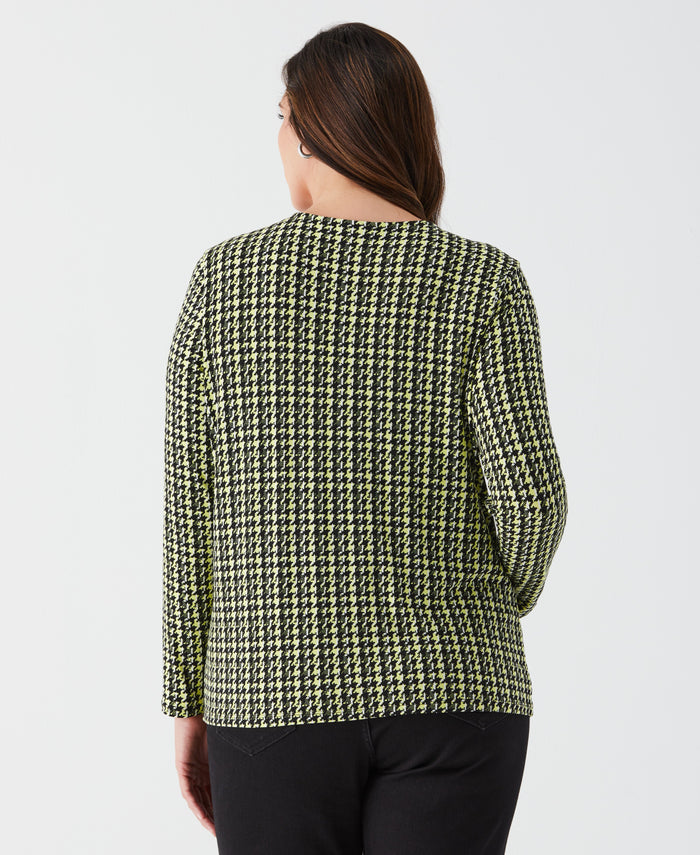Plus Size Houndstooth Print Asymmetric Neck Top (Black)