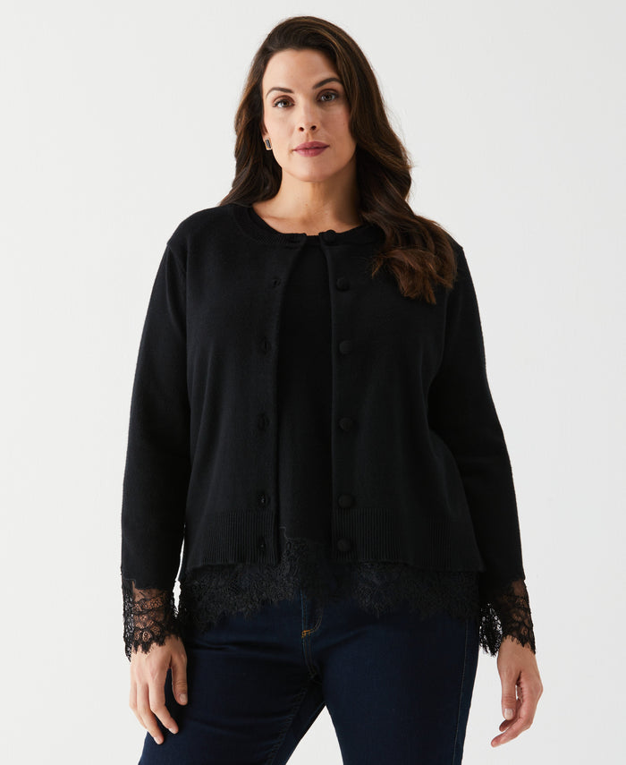 Plus Size Lace Trim Button Cardigan (Black)