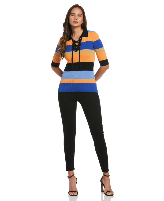 Lace-Up Polo Sweater (Dazzling Blue)