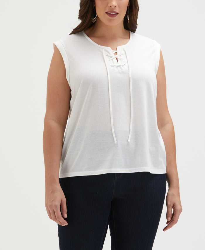 Plus Size Lace-Up Tank Top (White)