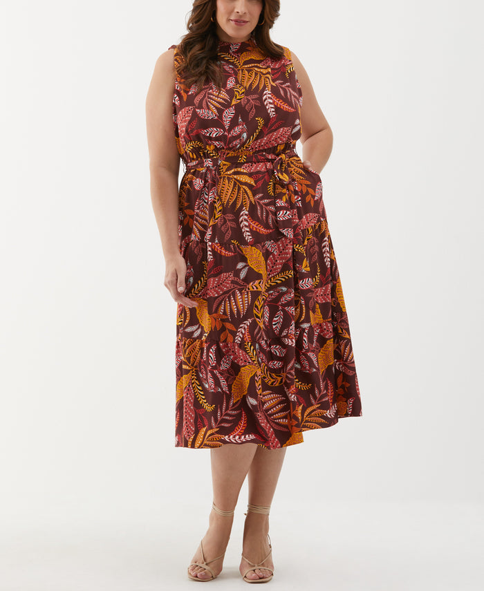 Plus Size Leaf Print Belted Dress (Decadent Chocolate)