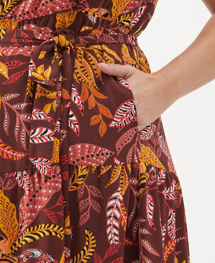 Plus Size Leaf Print Belted Dress (Decadent Chocolate)