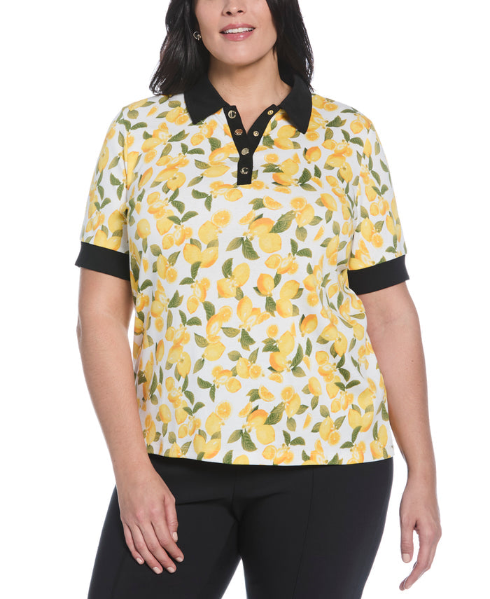 Plus Size Lemon Print Buttoned Polo (Star White)