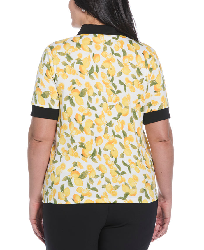 Plus Size Lemon Print Buttoned Polo (Star White)