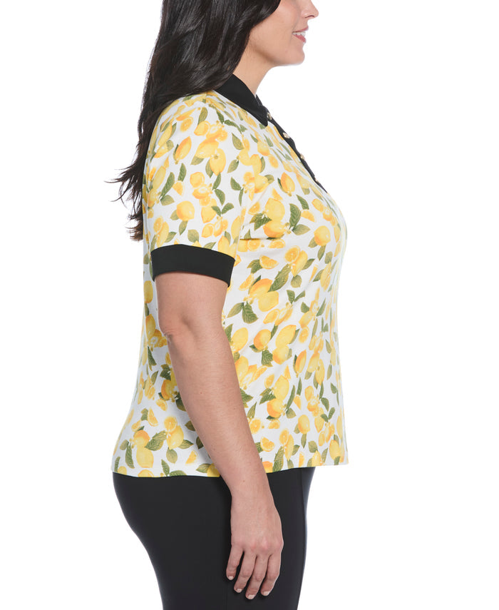 Plus Size Lemon Print Buttoned Polo (Star White)