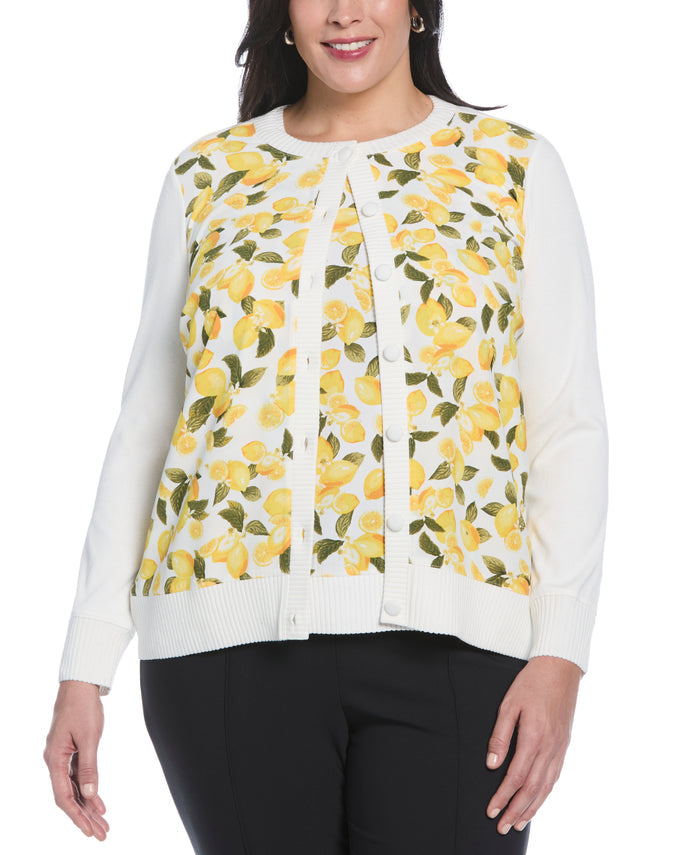 Plus Size Lemon Print Woven Front Cardigan (Star White)
