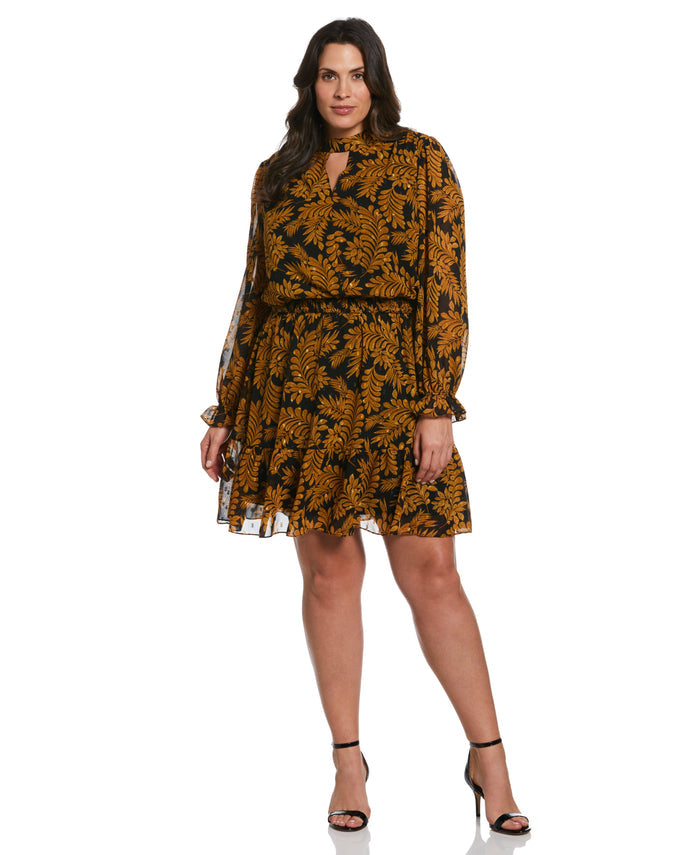 Metallic Leaves Print Dress (Black)