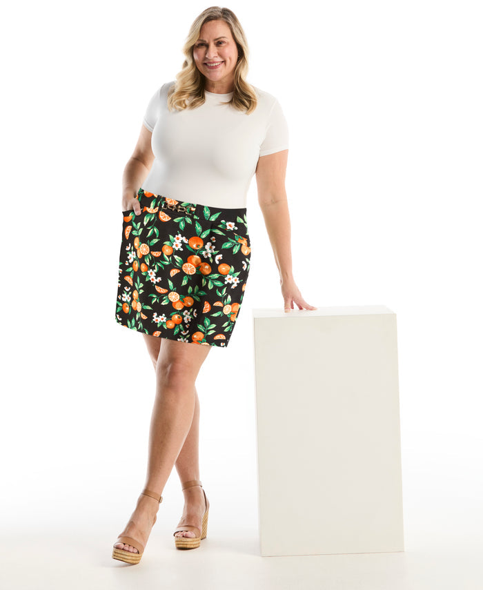 Plus Size Orange Print Horse Bit Belted Skort (Nectarine)