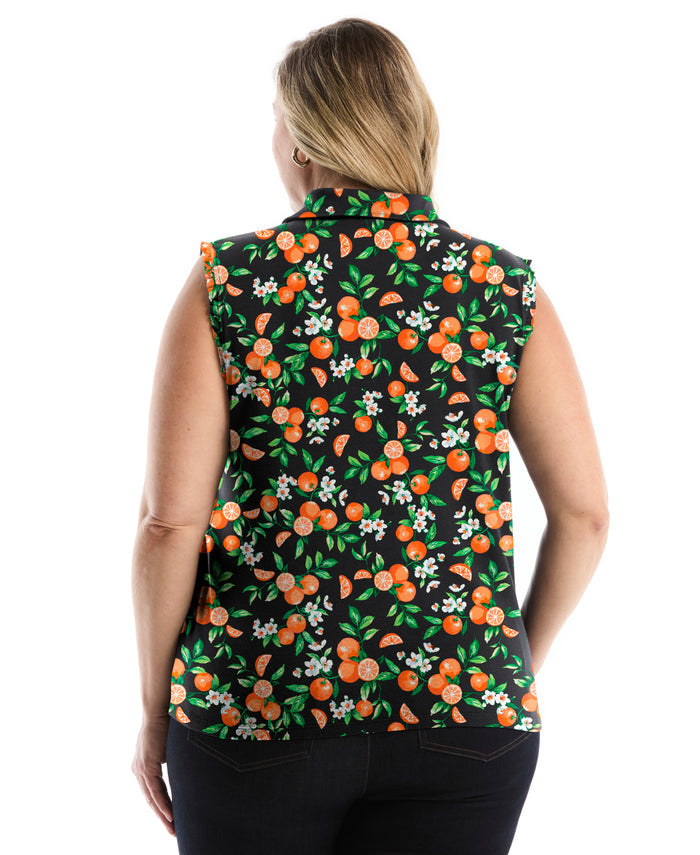 Plus Size Orange Print Ruffle Trim Polo (Nectarine)