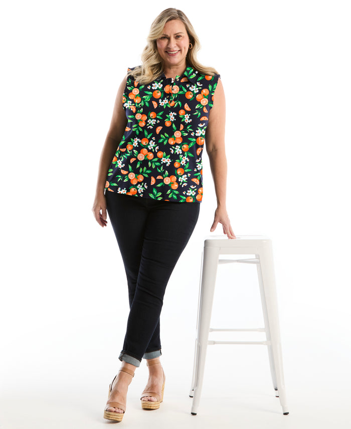 Plus Size Orange Print Ruffle Trim Polo (Nectarine)