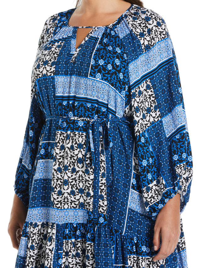 Paisley Print Flounce Dress with Self Fabric Tie (Princess Blue)