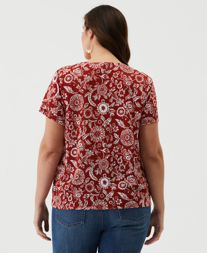 Plus Size Paisley Print Lace-Up Tee (Red Ochre)