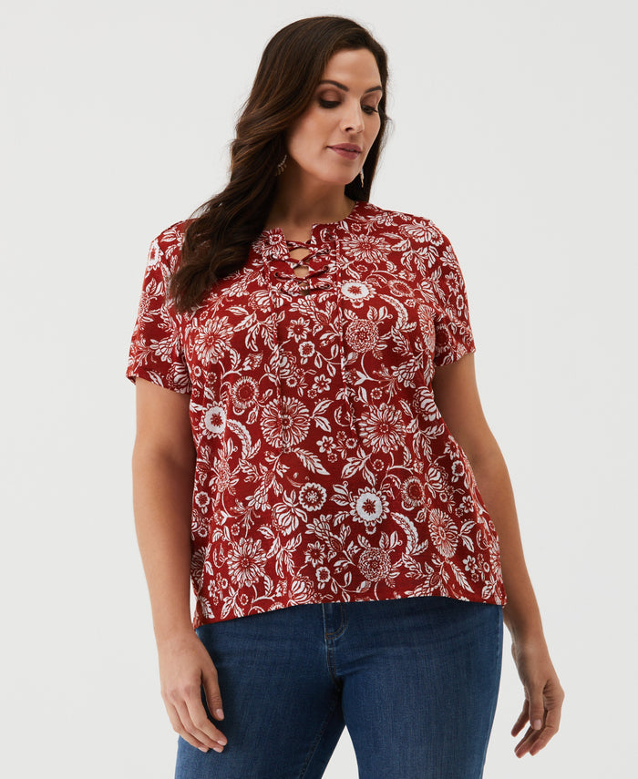Plus Size Paisley Print Lace-Up Tee (Red Ochre)
